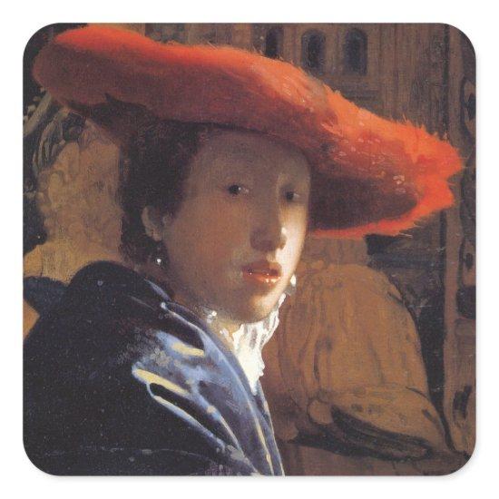 Girl with a Red Hat, c.1665 (oil on panel) Square Sticker