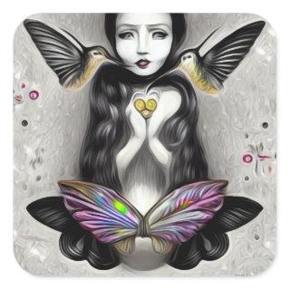 Girl With Birds Square Sticker