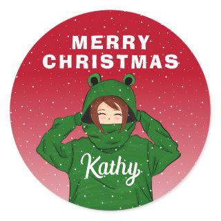 Girl with Green Frog Hoody Drawing Christmas  Classic Round Sticker
