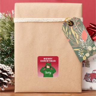 Girl with Green Frog Hoody Drawing Christmas Square Sticker
