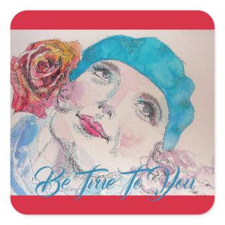 Girl with Red Rose Beret Watercolor Be True To You Square Sticker