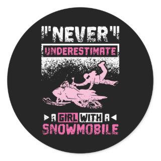 Girl with snowmobile classic round sticker