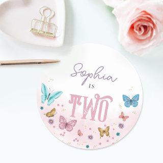 Girls Cute Pink Watercolor Butterfly Kids Birthday Classic Round Sticker
