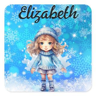 Girls Winter Ice Skate Figure Skate Snowflake Square Sticker