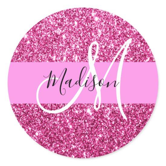 Girly and Glam Hot Pink Glitter Sparkles Monogram Classic Round Sticker
