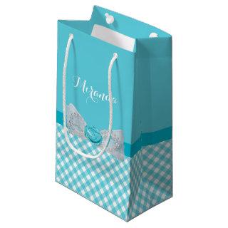 Girly Aqua Gingham Cute Pearls Rose Bow With Name Small Gift Bag