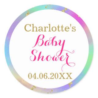 Girly Baby Shower Colorful Unicorn Gold Glitter Classic Round Sticker