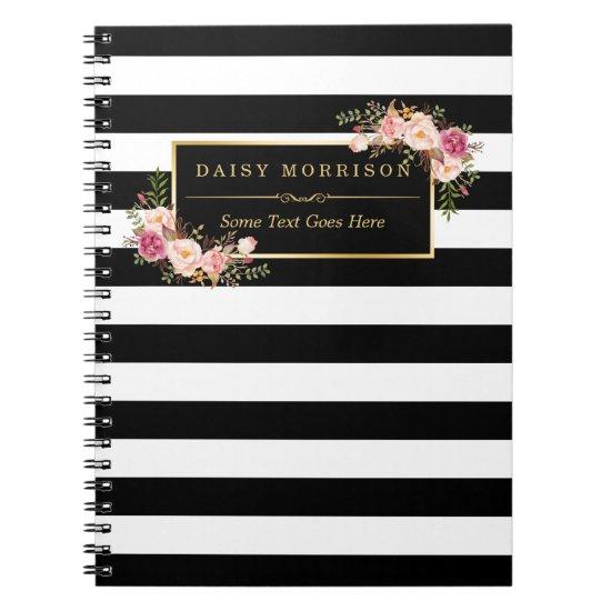 Girly Beautiful Floral Wrapping Gold B&W Stripes Notebook