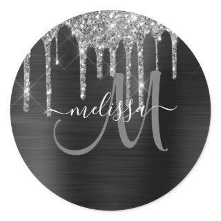 Girly Black Dripping Glitter Brush Metal Monogram Classic Round Sticker