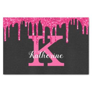 Girly Black Hot Pink Glitter Drips Monogram Name Tissue Paper