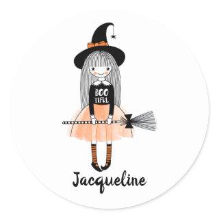 Girly cartoon witch broom hat bow boo personalize classic round sticker