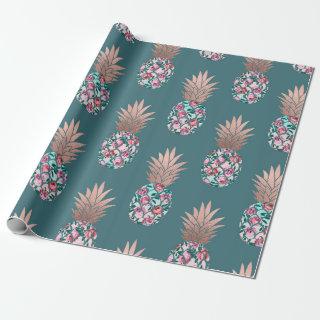 Girly Chic Rose Gold Floral Pineapples Teal Green