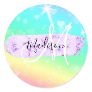 Girly Colorful Unicorn Rainbow Hearts Monogram Classic Round Sticker
