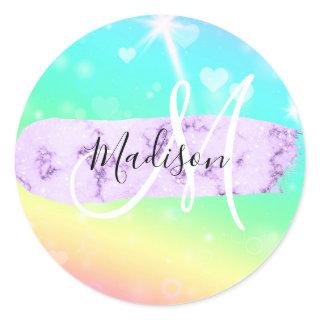 Girly Colorful Unicorn Rainbow Hearts Monogram Classic Round Sticker