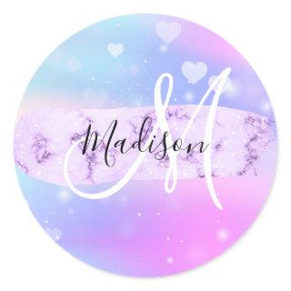 Girly Colorful Unicorn Rainbow Hearts Monogram Classic Round Sticker