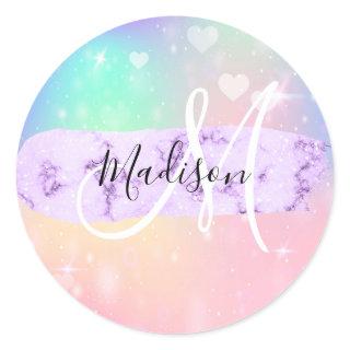 Girly Colorful Unicorn Rainbow Hearts Monogram Classic Round Sticker