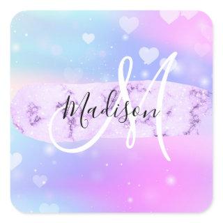 Girly Colorful Unicorn Rainbow Hearts Monogram Square Sticker