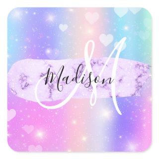 Girly Colorful Unicorn Rainbow Hearts Monogram Square Sticker
