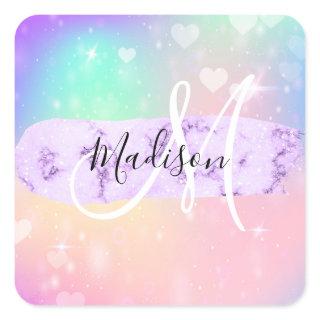 Girly Colorful Unicorn Rainbow Hearts Monogram Square Sticker