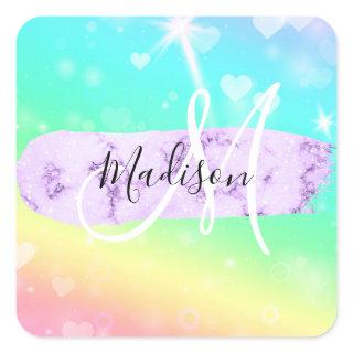 Girly Colorful Unicorn Rainbow Hearts Monogram Square Sticker