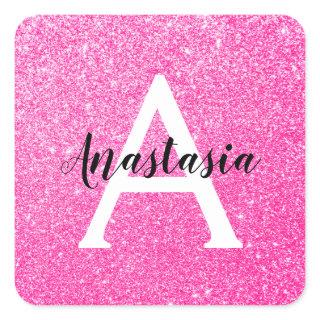 Girly Glam Hot Pink Glitter Sparkles Monogram Name Square Sticker