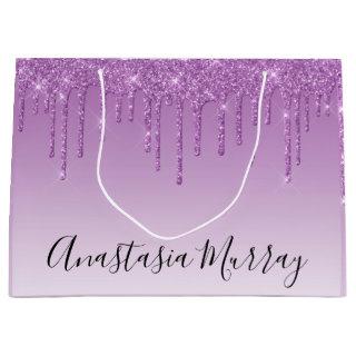 Girly & Glam Purple Lilac Glitter Drips Name Large Gift Bag