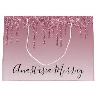 Girly & Glam Purple Rose Gold Glitter Drips Name Large Gift Bag