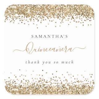 Girly Gold Glitter Name Quinceañera Thank You Square Sticker