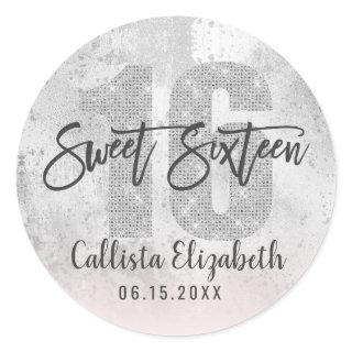 Girly Grunge Silver Pink Glitter Foil Sweet 16 Classic Round Sticker