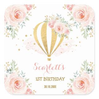 Girly Hot Air Balloon Blush Pink Floral Birthday Square Sticker