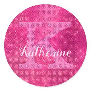 Girly Hot Pink Glitter Glam Sparkle Monogram Name Classic Round Sticker