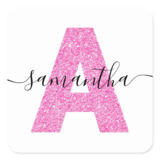 Girly Hot Pink Glitter Letter A Monogram Square Sticker