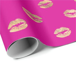 Girly Hot Pink Gold Kiss Lips Pattern