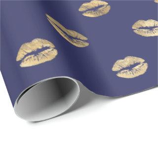 Girly Navy Blue Gold Kiss Lips Pattern