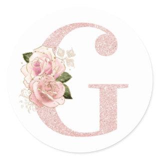Girly Pale Rose Gold Glitter Floral Monogram G Classic Round Sticker