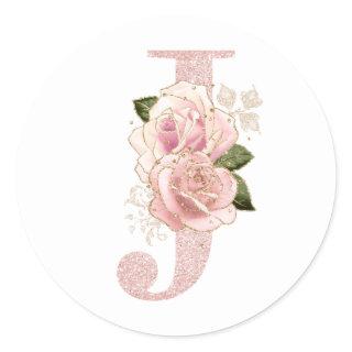 Girly Pale Rose Gold Glitter Floral Monogram J Classic Round Sticker