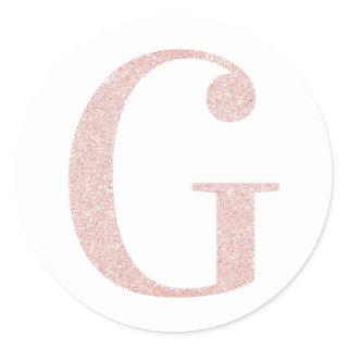 Girly Pale Rose Gold Glitter Monogram G Classic Round Sticker