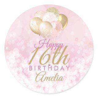 Girly Pink Glitter Balloons 16th Birthday Classic Round Sticker