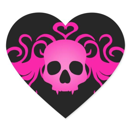 Girly pink goth fanged vampire skull on black heart sticker