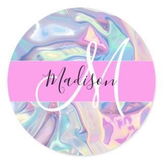 Girly Pink Holographic Iridescent Monogram Name Classic Round Sticker