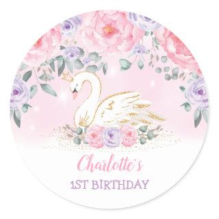 Girly Pink Lavender Swan Princess Birthday Favors Classic Round Sticker