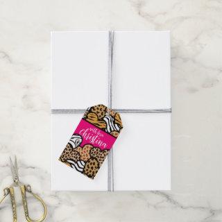 Girly Pink Playful Animal Print Hearts Name  Gift Tags