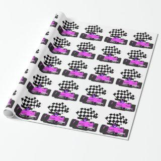 Girly Pink Race Car with Checkered Flag