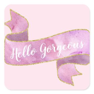 Girly Pretty Blush Pink Hello Gorgeous Gold Ribbon Square Sticker