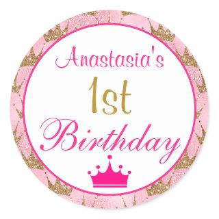 Girly Princess Hot Pink Gold Glitter 1st Birthday Classic Round Sticker