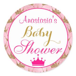 Girly Princess Hot Pink & Gold Glitter Baby Shower Classic Round Sticker