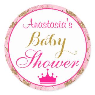 Girly Princess Hot Pink & Gold Glitter Baby Shower Classic Round Sticker