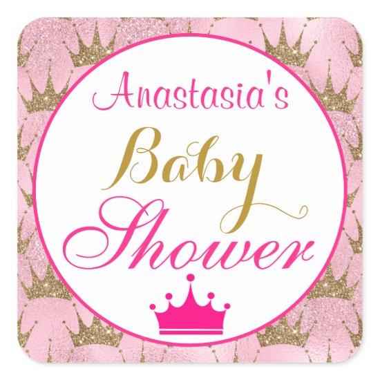 Girly Princess Hot Pink & Gold Glitter Baby Shower Square Sticker