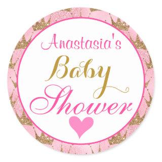 Girly Princess Pink and Gold Glitter Baby Shower Classic Round Sticker