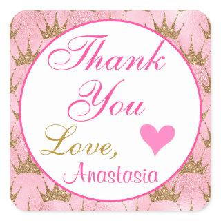 Girly Princess Pink and Gold Glitter Thank You Square Sticker